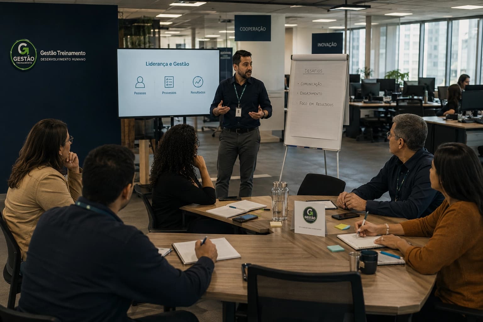 Equipe participando de workshop in company em ambiente corporativo